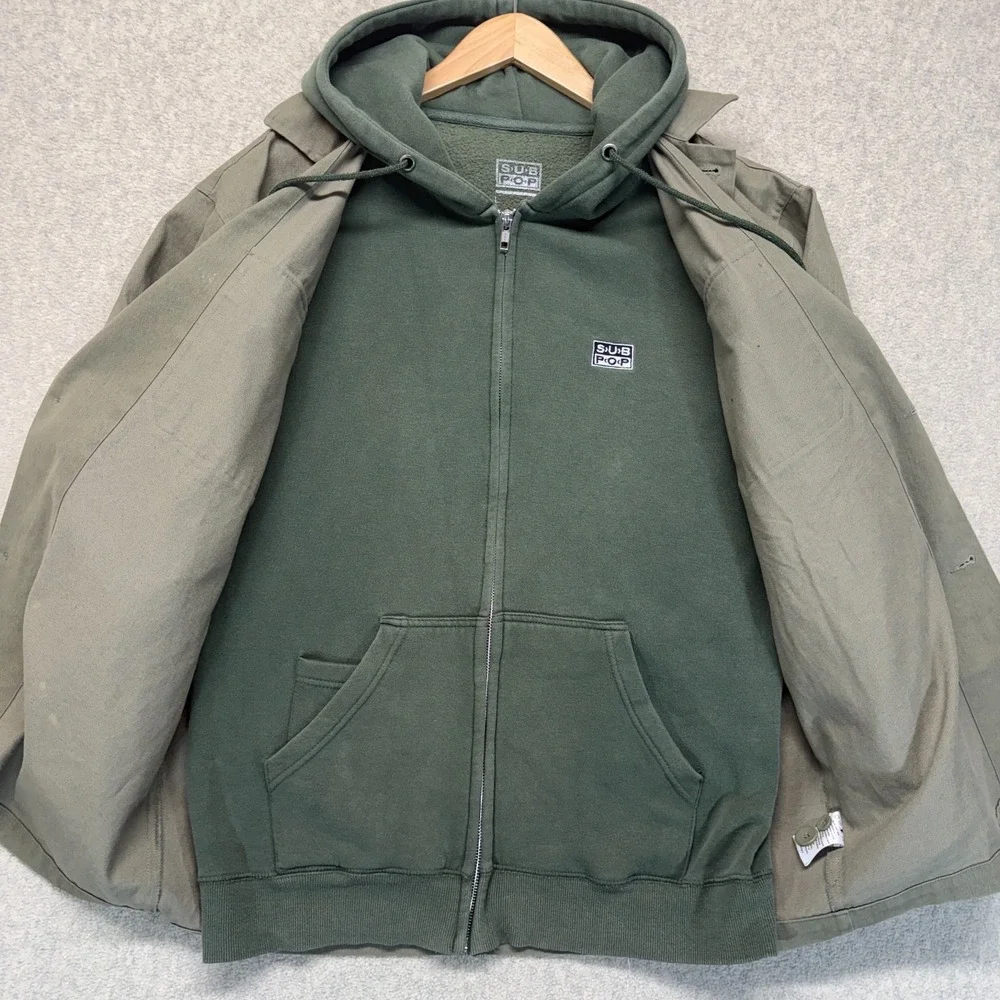 Vintage Sub Pop Records Mens Chore Jacket Olive Green Utility Workwear Size L - Picture 3 of 16